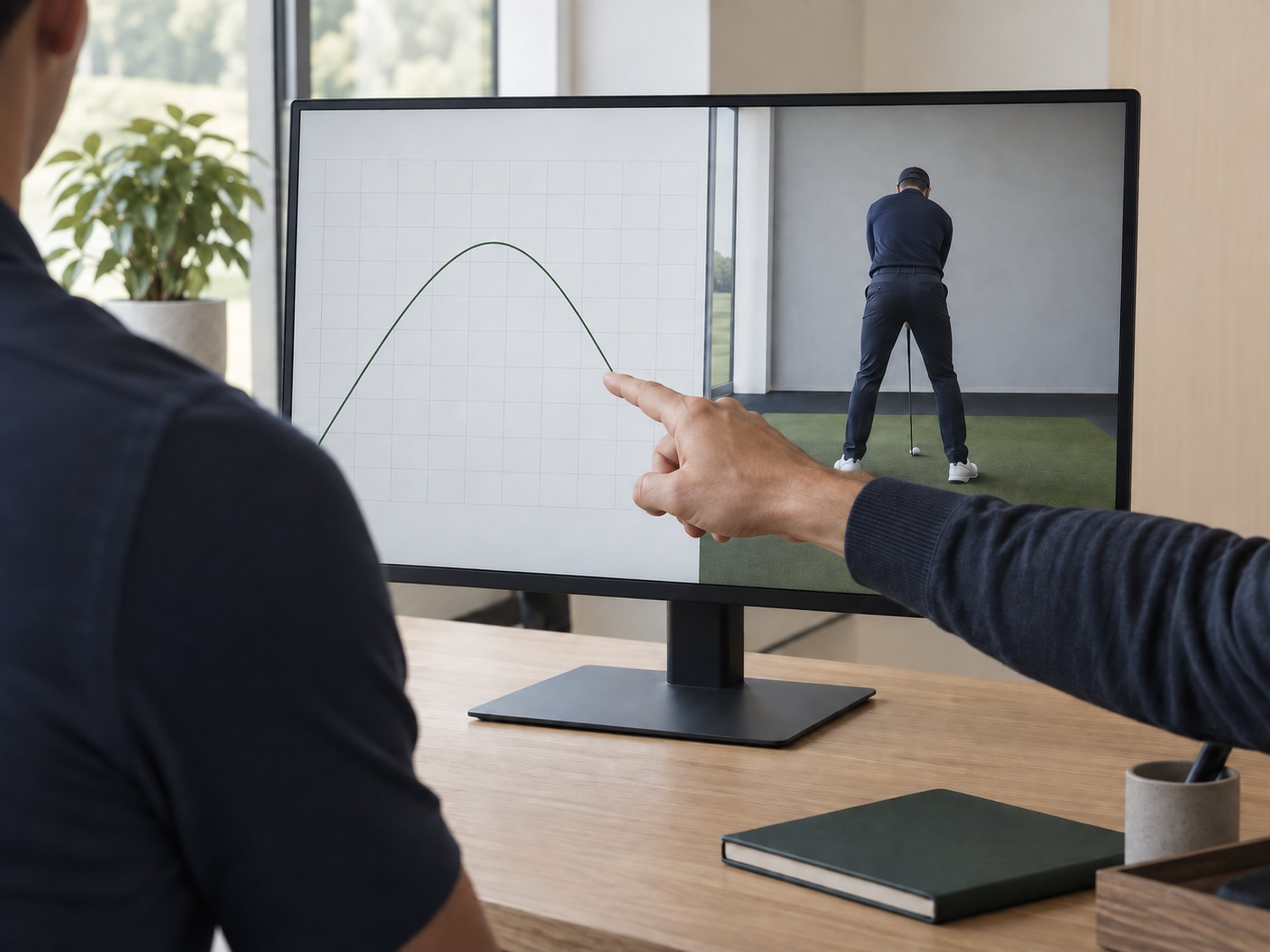 計測データとスイング動画を指し示す手元